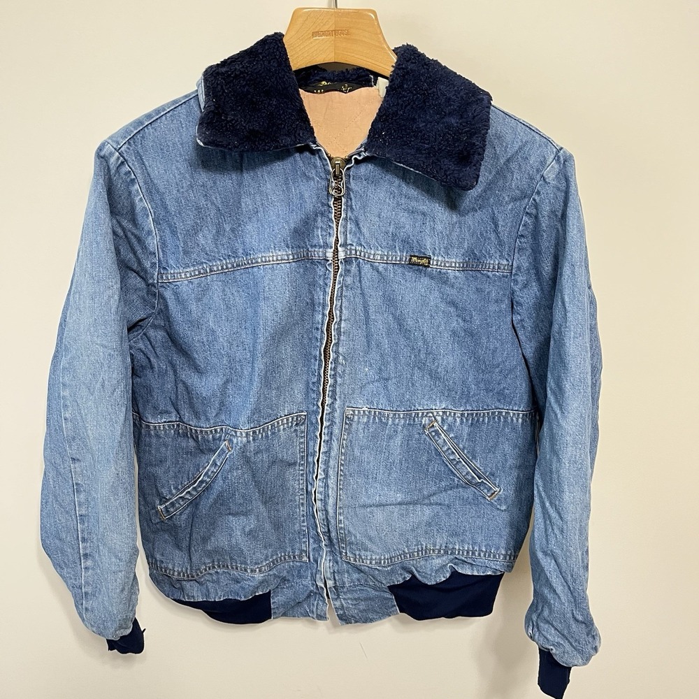 Vintage Wrangler Denim Bomber Jacket Sherpa Lined Mens Large Coat USA 70s Blue